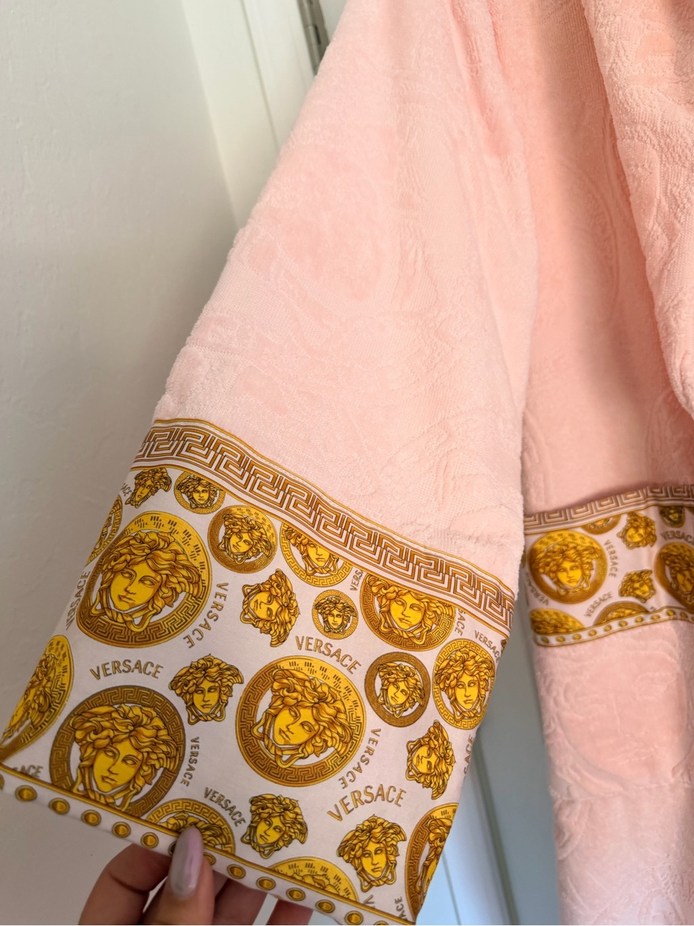 Versace Pink Plush Long Robe with Gold Medallion Trim - Picture 7 of 8
